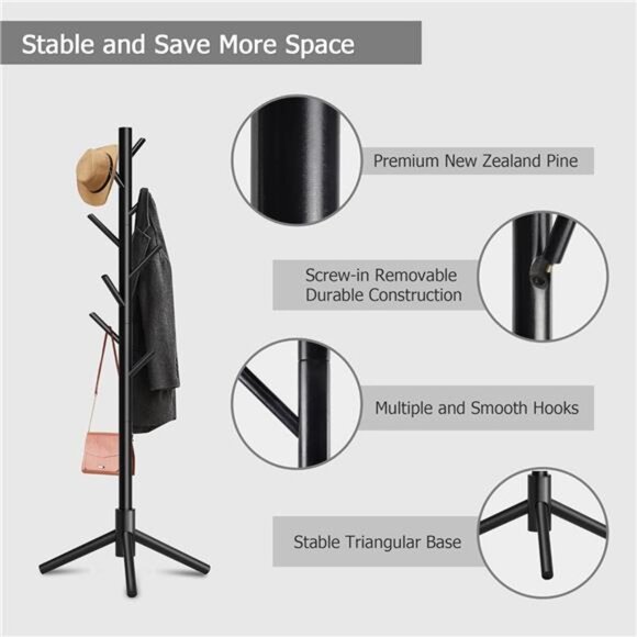 Wooden Coat Rack, Free Standing Coat Rack with 8 Hooks 3 Adjustable Heights - Picture 5 of 7